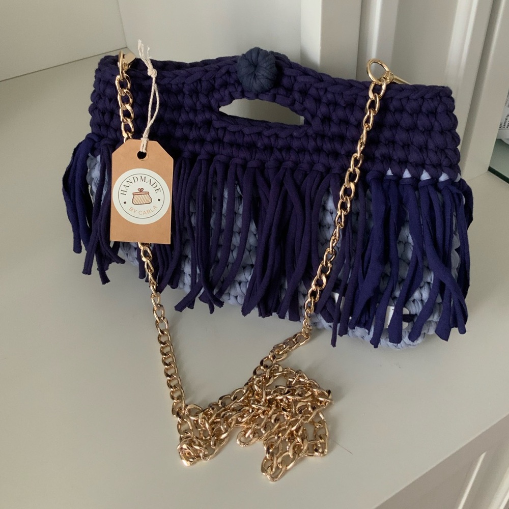 Handmade By Carla Blue Knit Crochet Bohemian Cross Body Clutch Purse BRAND NEW